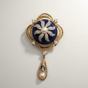 Vintage Blue Domed Medallion Brooch Dangle Gold Tone Rhinestone Statement 3" Pin